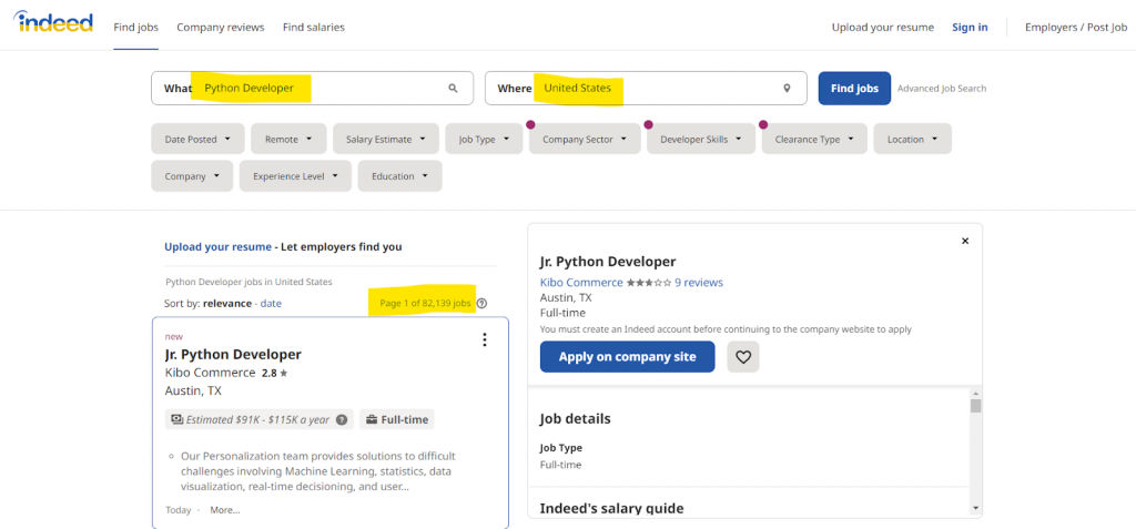 Python Developers Jobs Listed on Indeed as of May 2022