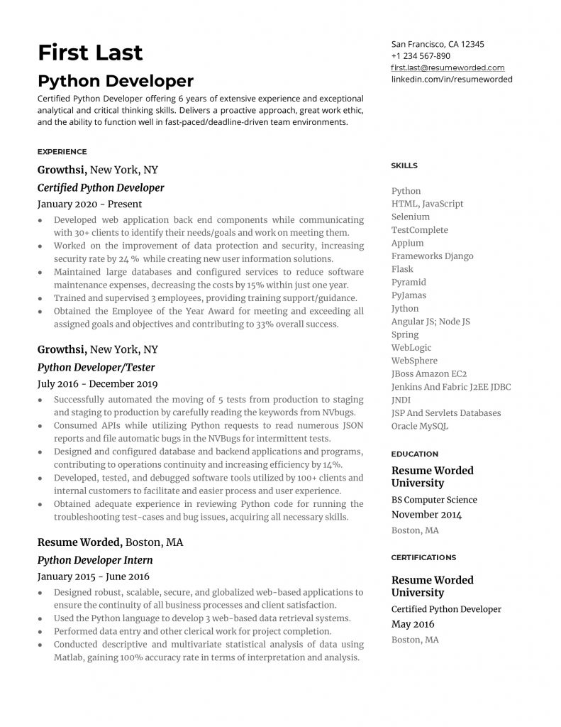 Ideal Template for a Resume - Python Developer’s CV Module - Uplers